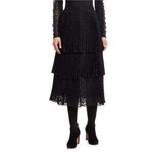 Akris Punto Dot Devore Midi Skirt Black Women’s Size 12 Pleated Tiered